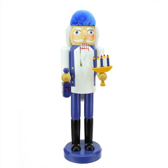 Northlight; 14" Blue & White Wooden Hanukkah Nutcracker with Menorah and Dreidel; Category:Christmas Tabletop Decor; Image:1